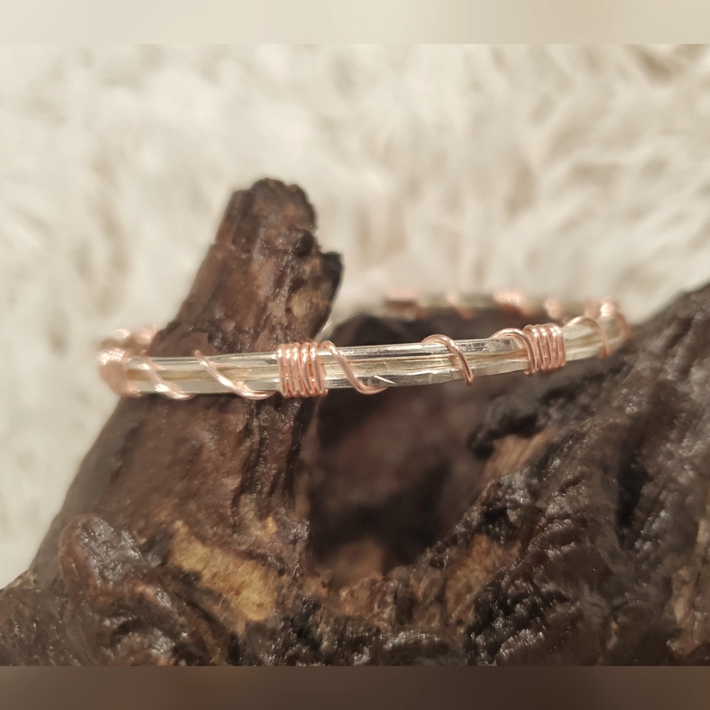 Two-Tone Wirewrapped Bracelet -Pink and Silver Wire Bangle - Stackable Bracelet